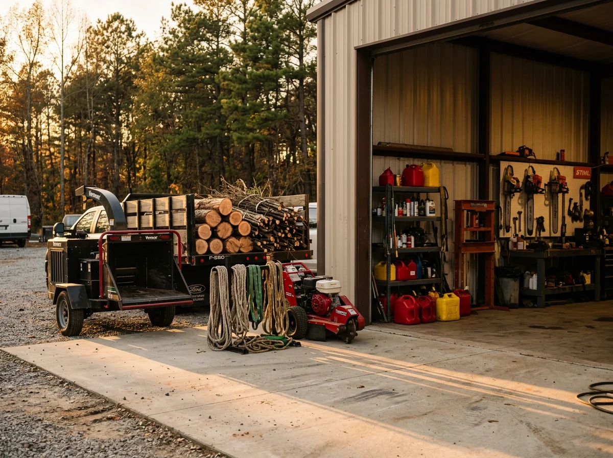 Professional tree service crew with equipment and tools ready for tree removal and trimming work.
