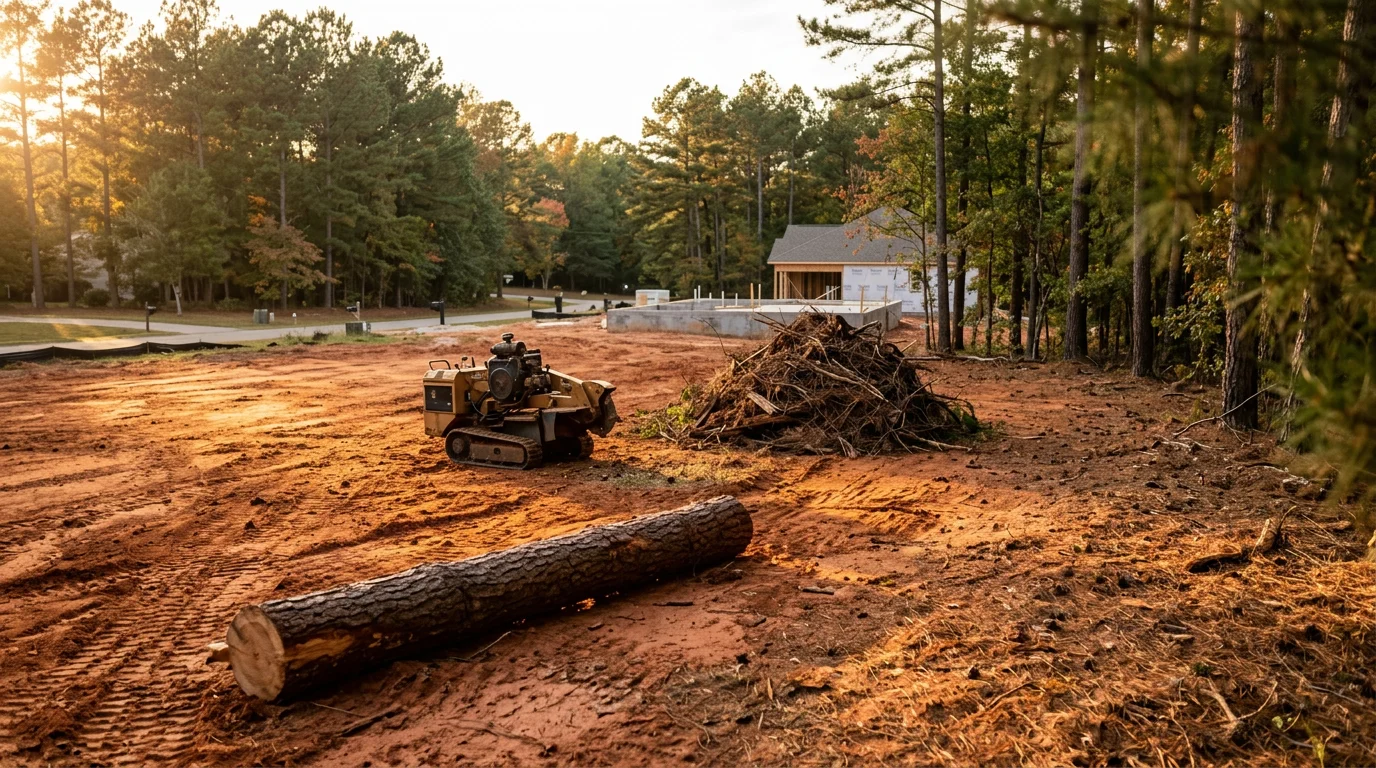 Cleared residential lot with mulched debris and prepared ground ready for landscaping