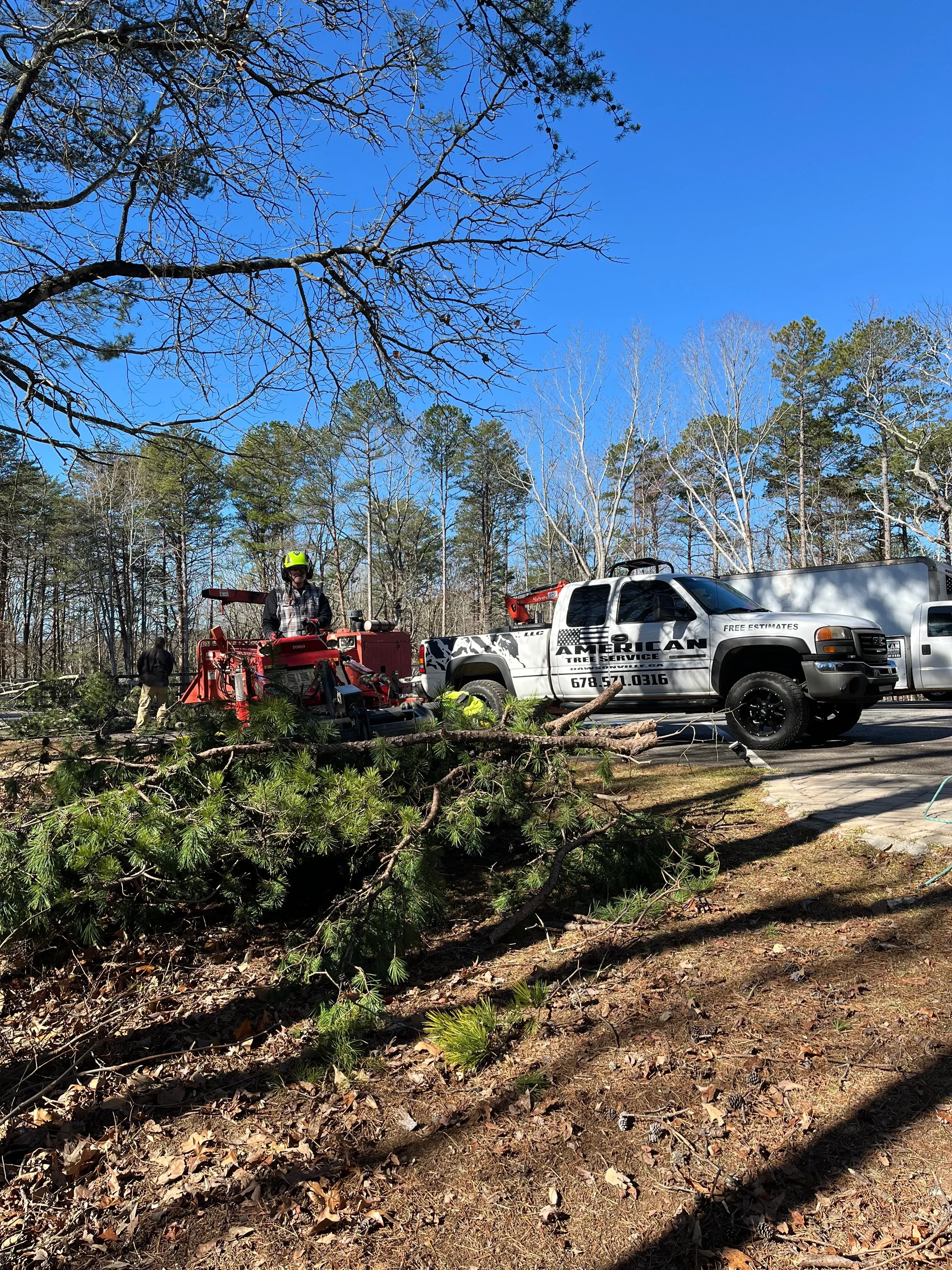 Bucket truck and wood chipper on steep hillside removing trees and brush