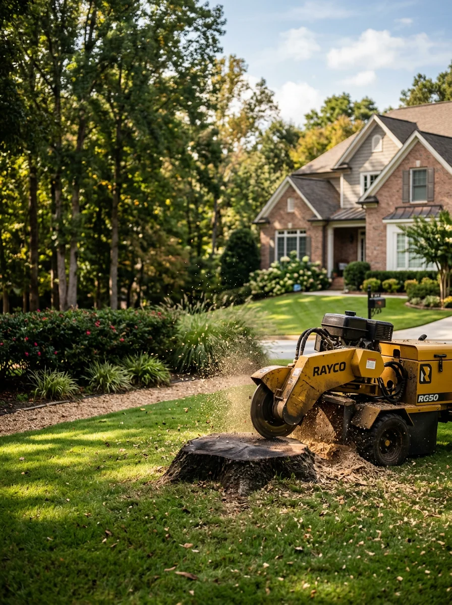 Stump grinder working on a freshly cut stump in an Alpharetta residential yard, with a wooded lot buffer and HOA landscaping visible in the background.