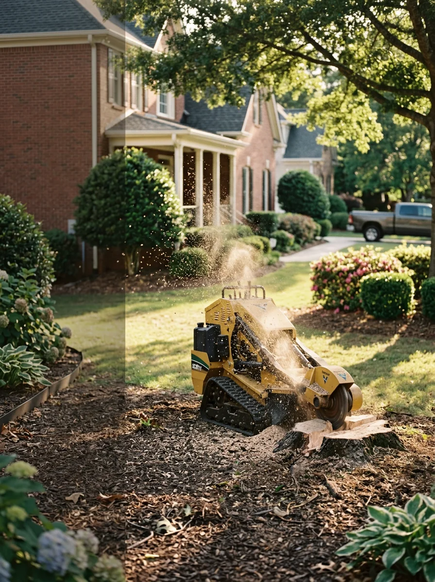 Stump grinder removing a freshly cut tree stump in a Forsyth County residential yard, surrounded by mature landscaping and a brick home exterior.