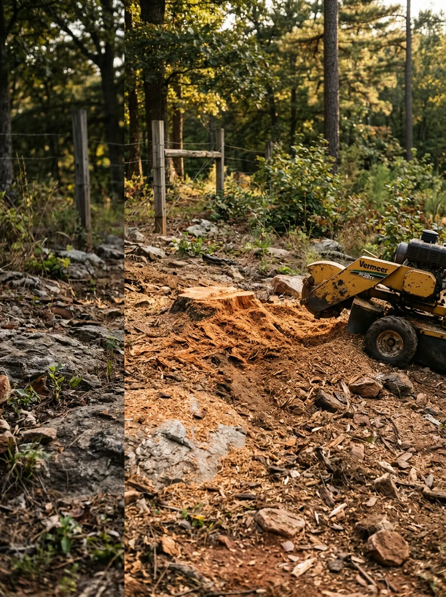 Stump grinding on a rocky hillside lot in Dahlonega, GA, with shallow soil and exposed rock visible around the base of a freshly cut pine stump.