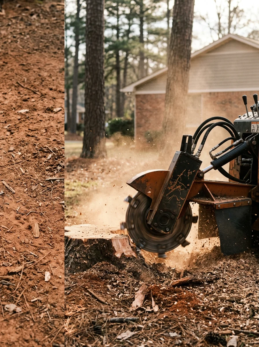 Close-up of a stump grinder working on a freshly cut oak stump in a Dawsonville subdivision yard, with red clay soil visible around the base.