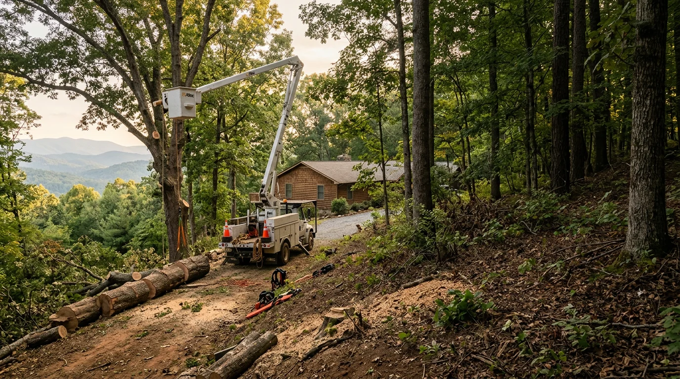 Tree crew performing a sectional removal of a large hardwood on a sloped residential lot in Dawsonville, GA, with the Blue Ridge foothills visible in the background.
