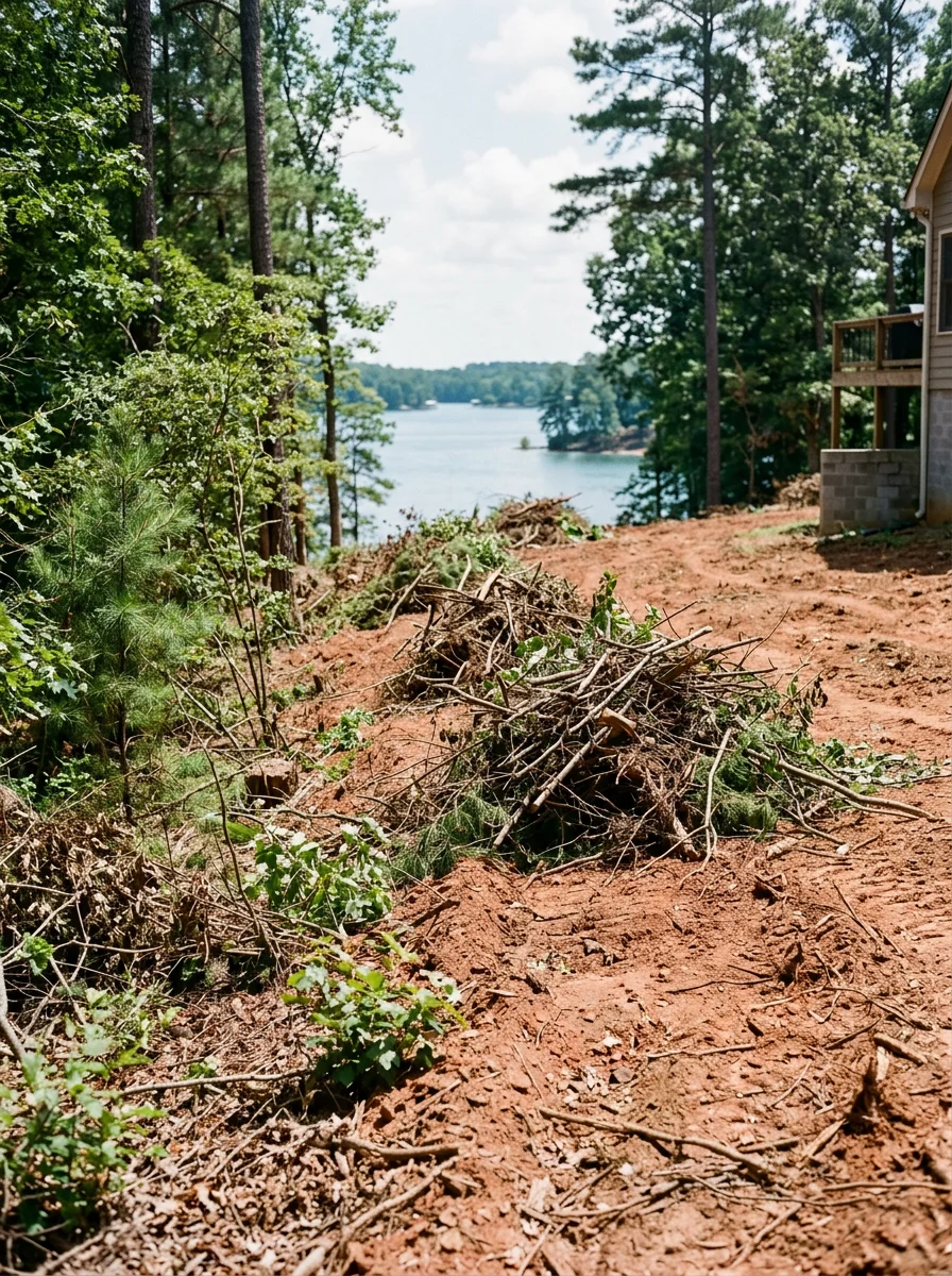 Brush removal on a sloped lakefront bank in Flowery Branch, GA, with overgrown vegetation being cleared between a residential home and the Lake Lanier shoreline.