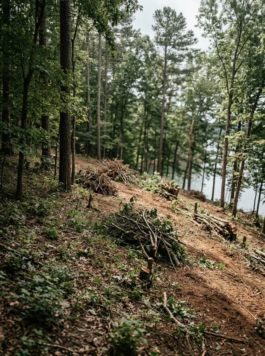 Brush removal work on a sloped lakefront lot near Lake Lanier in Gainesville, GA, with overgrown vegetation being cleared from the bank above the waterline.