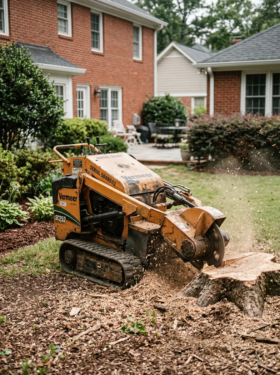 Stump grinder removing a freshly cut stump on a small Oakwood, GA suburban lot, with a brick home and close neighboring structures visible in the background.
