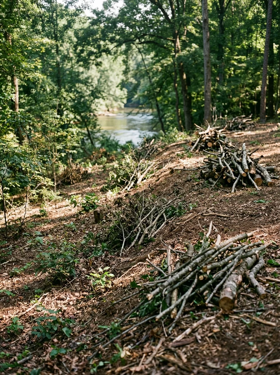 Brush removal work on a sloped lot backing up to the Chattahoochee River corridor in Suwanee, GA, with dense riparian vegetation being cleared near the water's edge.