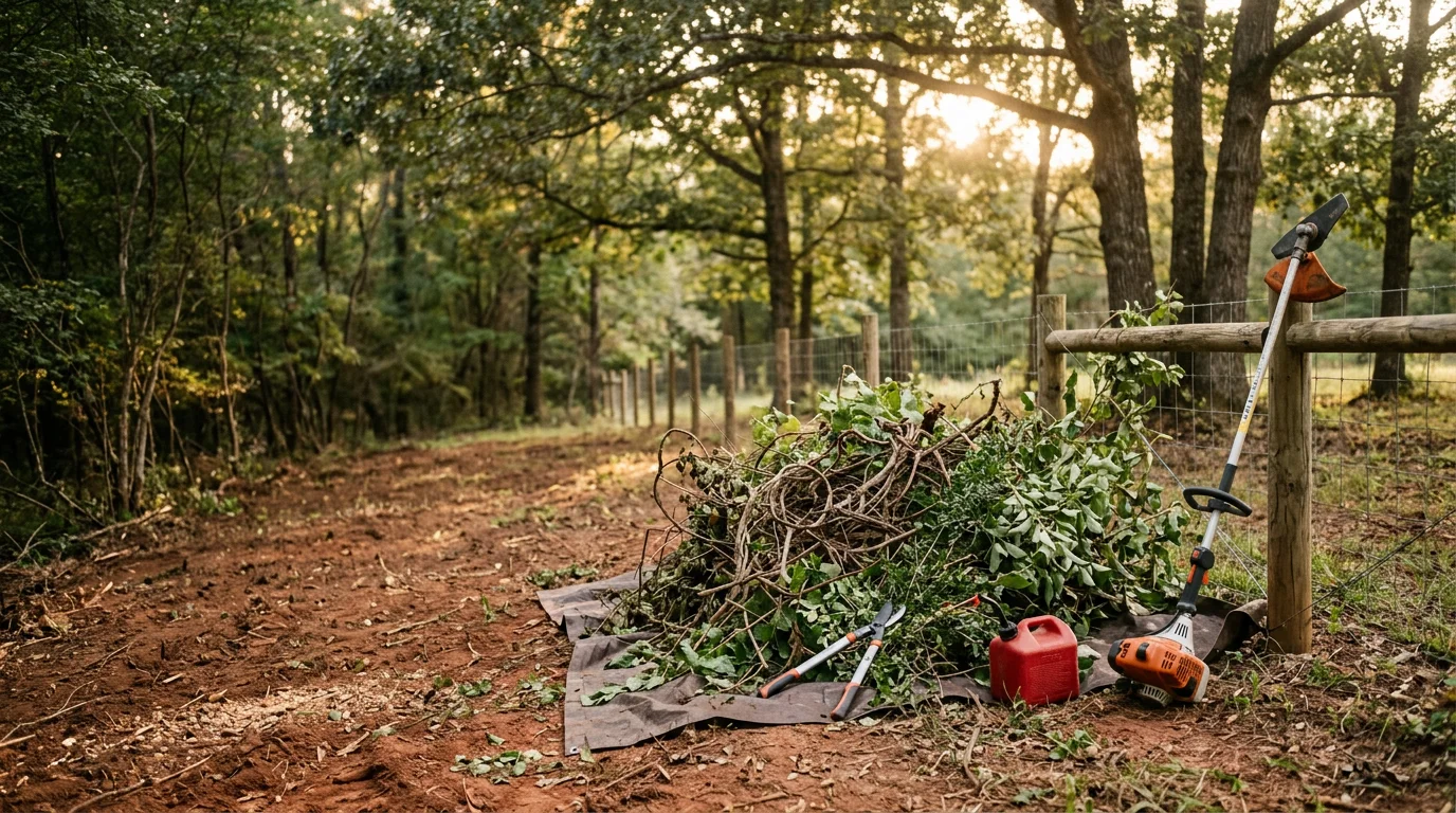 A cleared residential property in Dawsonville, GA showing open ground where dense brush, vines, and overgrowth have been removed by a professional tree service crew. The yard edges and fence line are visible and accessible after brush removal.