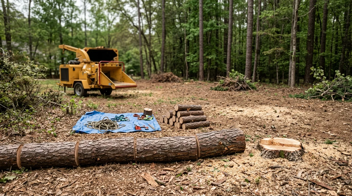 A large dead pine tree being removed in sections in a residential yard in Dawsonville, GA. The surrounding lawn and home are visible, with crew working to clear the tree safely away from the structure.