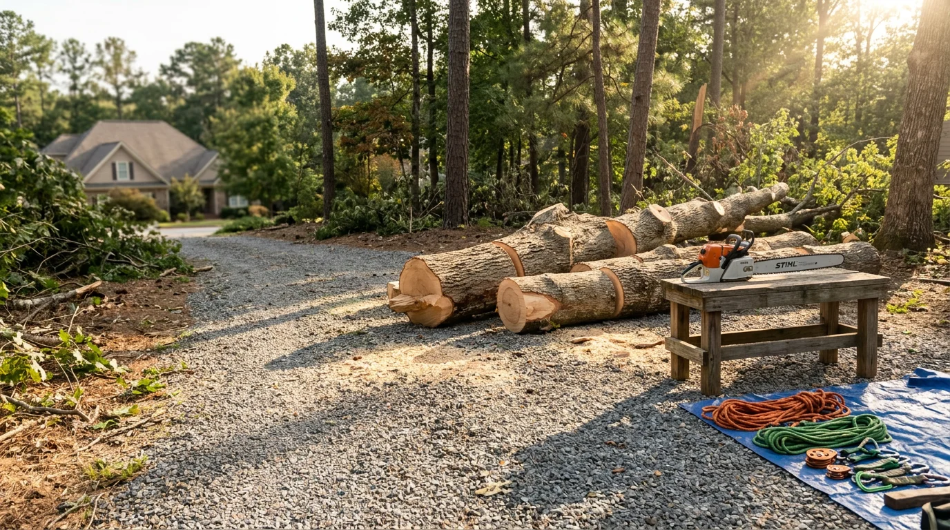 A large storm-damaged tree that has fallen across a residential yard in Dawsonville, GA, with a tree service crew working to section and remove the trunk near the home's roofline.