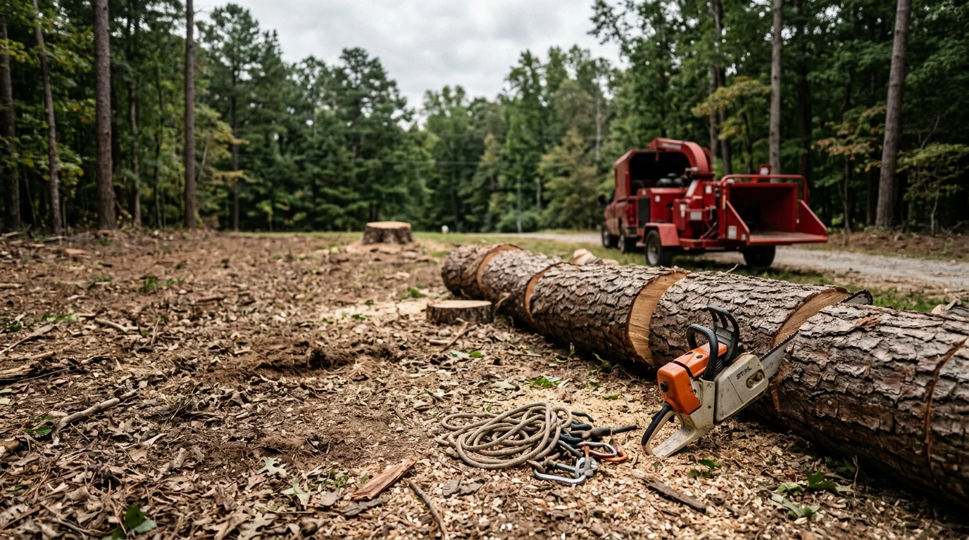 A large hazardous tree being removed in sections near a residential home in Dawsonville, GA, with crew working to protect the roof and surrounding yard. The tree shows visible trunk decay and a heavy lean toward the structure.