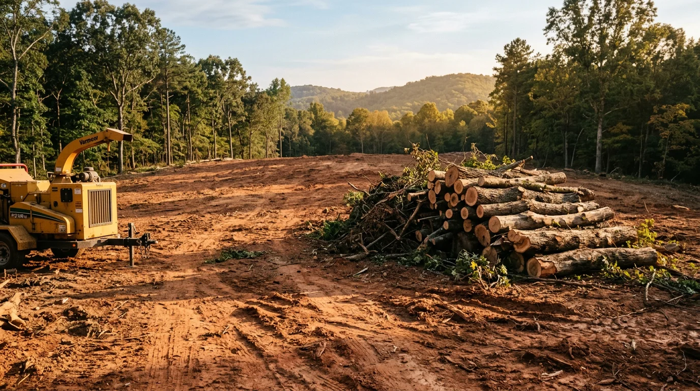 A Dawsonville, GA residential lot after land clearing, showing open ground with overgrown brush and trees removed and mature hardwoods left standing along the property edge. Equipment tracks are visible in the red clay soil where dense North Georgia vegetation once blocked access.