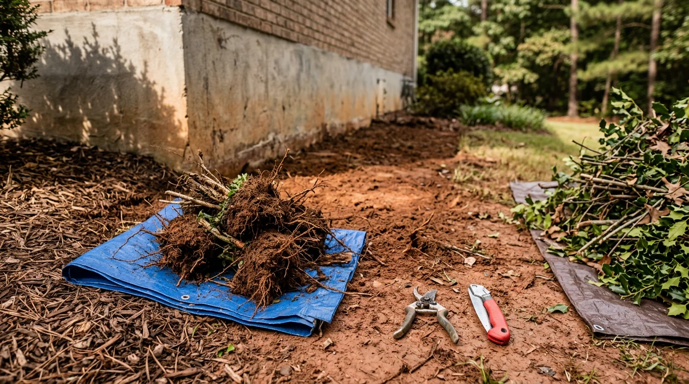 A cleared residential garden bed in Dawsonville, GA after shrub removal, showing bare soil and open space where overgrown shrubs once grew against a home's foundation. An American Tree Service crew member loads cut shrub debris into a truck in the background.
