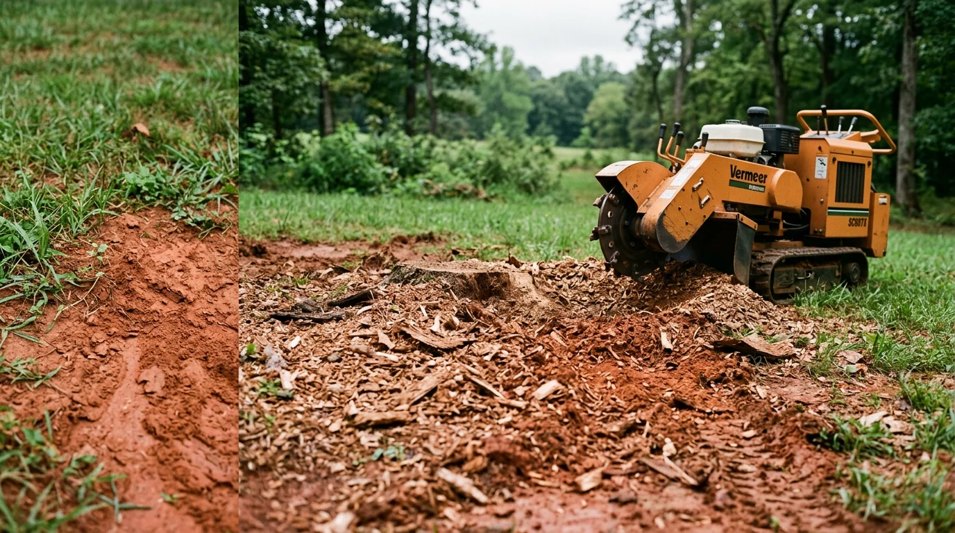 A freshly ground tree stump reduced to a level bed of wood chips in a residential yard in Dawsonville, GA. The surrounding grass and red clay soil are visible, showing the cleared space left after stump grinding.