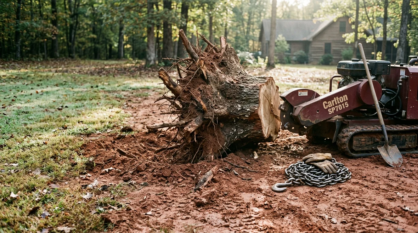 A freshly cleared yard in Dawsonville GA where a large tree stump has been fully removed, leaving bare red clay soil ready for replanting. An American Tree Service crew member stands near the excavated area with removal equipment visible in the background.