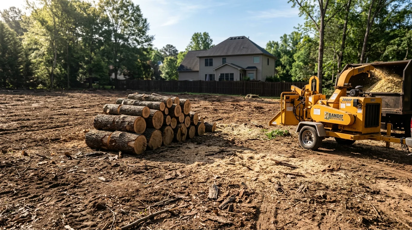 A large pine tree being sectionally removed in a residential backyard in Dawsonville, GA, with a cleared lawn visible below and a home roofline in the background. Crew members work from the ground as cut sections are lowered safely away from the structure.