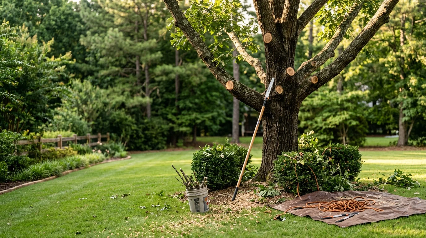 An American Tree Service crew member trimming large overhanging branches from a mature hardwood tree in a residential yard in Dawsonville, GA. Freshly cut limbs are visible on the ground below the tree near a single-family home.